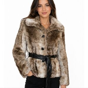 Outer Wear Jacket Mim  Faux fur coat made in France with belt Womens Sz S Browns